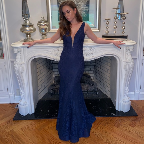 La Femme plunge neck sparkle gown - Picture 2 of 5